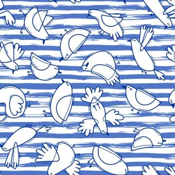 Seamless pattern with abstract birds on striped background. Simple line design Stock Illustration