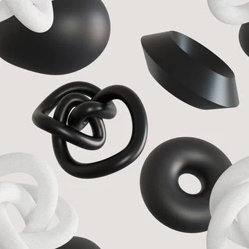 Seamless pattern with abstract black and white 3D shapes on beige background Stock Illustration