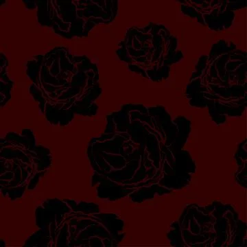Seamless pattern with abstract black roses on dark red background Stock Illustration