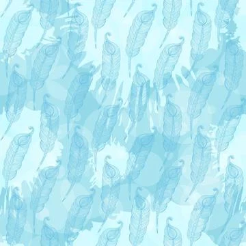 Seamless pattern with abstract blue feathers on ablots ink blue Seamless p... Stock Photos