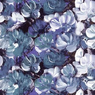 Seamless pattern of abstract blue flowers, art painting, creative hand painte Stock Illustration