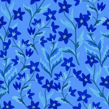 Seamless pattern with abstract blue flowers and leaves. Luxury retro backgr.. Stock Illustration