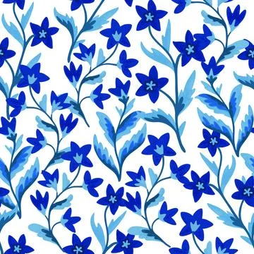 Seamless pattern with abstract blue flowers and leaves. Luxury retro backgr.. Illustrazione stock