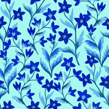 Seamless pattern with abstract blue flowers and leaves. Luxury retro backgr.. Illustrazione stock