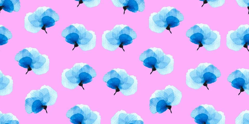 Seamless pattern of abstract blue flowers on pink background, hand drawn Stock Illustration