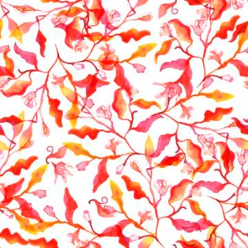 Seamless pattern with abstract branches and leaves and watercolour splashes イラスト素材