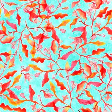 Seamless pattern with abstract branches and leaves and watercolour splashes on a Stock Illustration