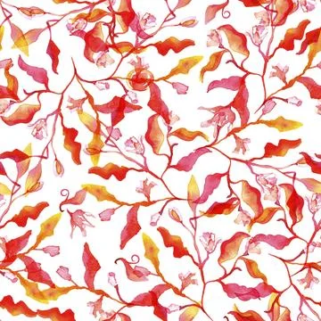 Seamless pattern with abstract branches and leaves and watercolour splashes Stock Photos