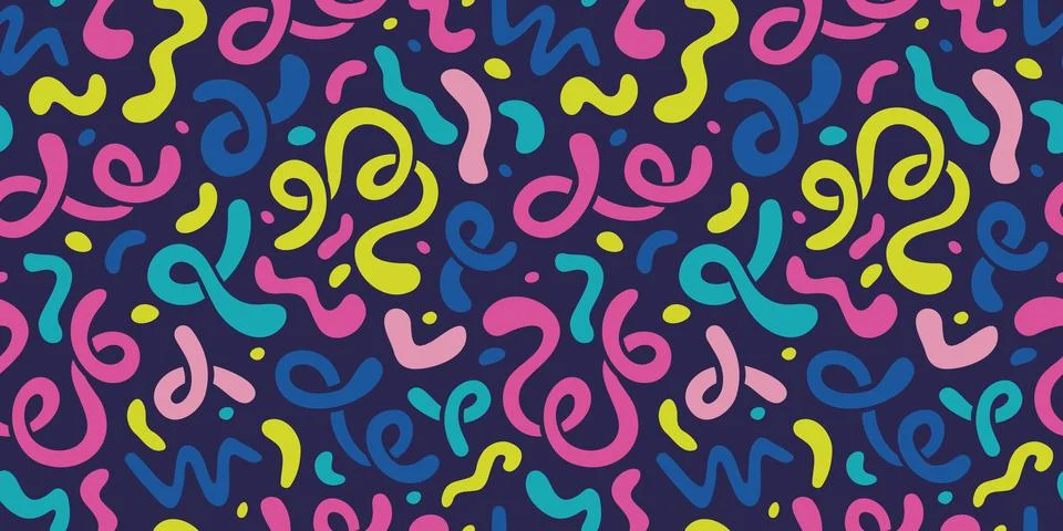 Seamless pattern with abstract bright squiggles, fluid shapes, curls, carto.. Stock Illustration