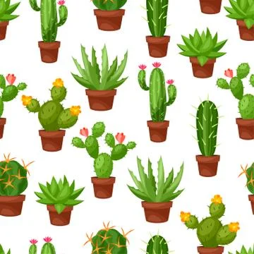 Seamless pattern of abstract cactuses in flower pot Stock Illustration