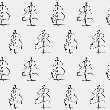 Seamless Pattern with Abstract Cello Players Sketch Stock Illustration