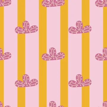 Seamless pattern abstract clouds on pink yellow striped background. Vector ge 스톡 일러스트