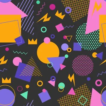 Seamless pattern of abstract colored geometric shapes on black background Stock Illustration