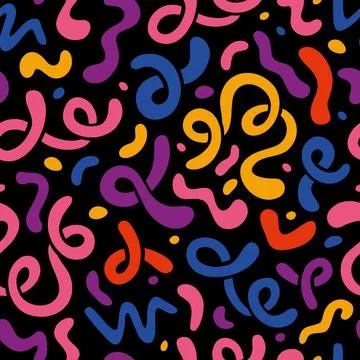 Seamless pattern with abstract colorful squiggles, fluid shapes, curls, car.. Stock Illustration