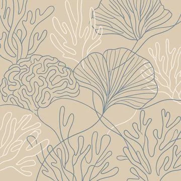 Seamless pattern with abstract coral and ginkgo leaves in continuous line a.. イラスト素材