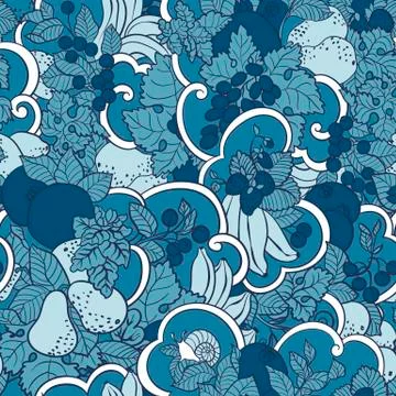 Seamless pattern with abstract curls, fruits and berries in blue colors. Ther Illustrazione stock