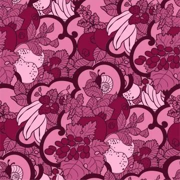 Seamless pattern with abstract curls, fruits and berries in pink and magenta Stock Illustration