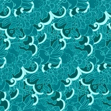 Seamless pattern with abstract curls, fruits and berries in marine and blue c Stock Illustration
