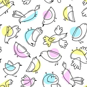 Seamless pattern with abstract cute birds. Simple line design. Gentle colors Stock Illustration