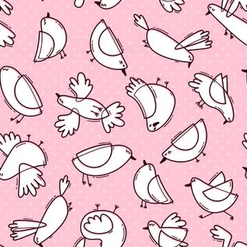 Seamless pattern with abstract cute birds. Simple line design. Gentle colors Stock Illustration