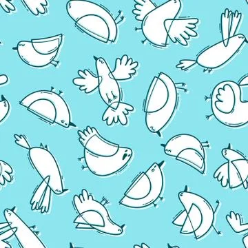 Seamless pattern with abstract cute birds. Simple line design. Gentle colors Stock Illustration
