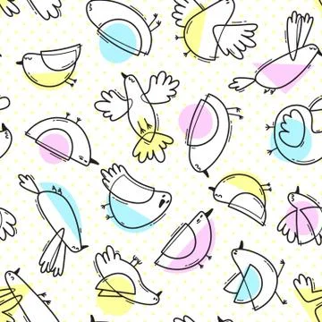 Seamless pattern with abstract cute birds. Simple line design. Gentle colors Stock Illustration