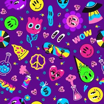 Seamless pattern with abstract designs. Acid colours crazy trippy icons and 스톡 일러스트