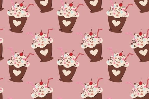 Seamless pattern of abstract dessert in cup with straw and confectionery Stock Illustration