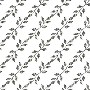 Seamless pattern with abstract doodle branch with leaf on white background. V Stock Illustration