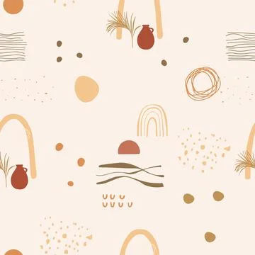 Seamless pattern with abstract elements, sea, sun, vase and dots. Vector Stock Illustration