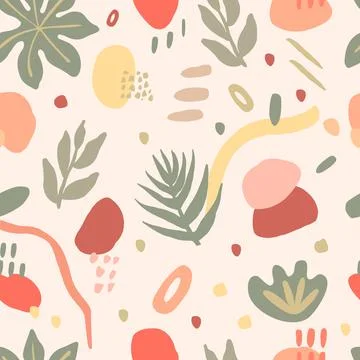 Seamless pattern with abstract elements, tropical leaves, lines, ovals and dots イラスト素材