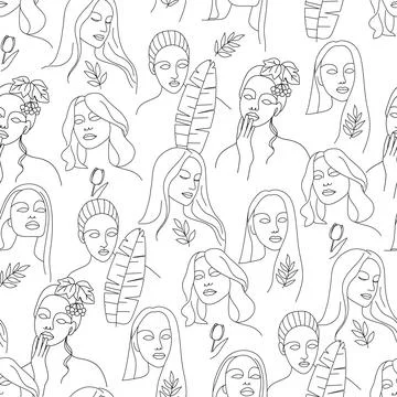 Seamless pattern with abstract faces and flowers. Stock Illustration