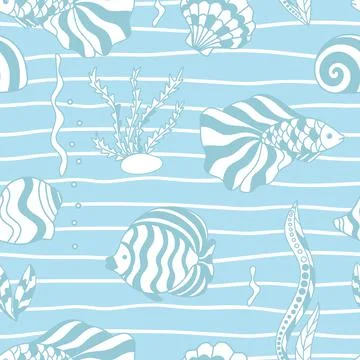 Seamless pattern with abstract fish blue outline Stock Illustration