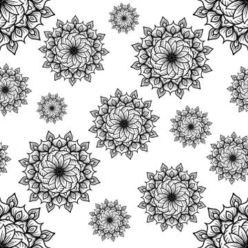 Seamless pattern abstract flower, black and white flower in Asia arts. 스톡 일러스트