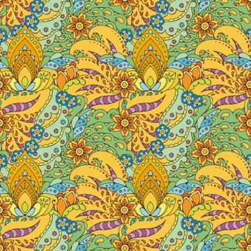 Seamless pattern of abstract flowers and paisley elements in Indian mehendi s 스톡 일러스트