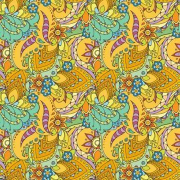 Seamless pattern of abstract flowers and paisley elements in Indian mehendi s 스톡 일러스트