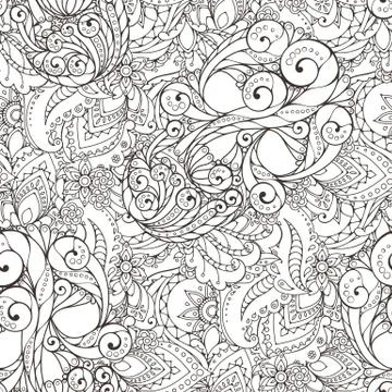 Seamless pattern of abstract flowers and paisley elements in Indian mehendi s 스톡 일러스트