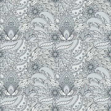 Seamless pattern of abstract flowers and paisley elements in Indian mehendi s 스톡 일러스트