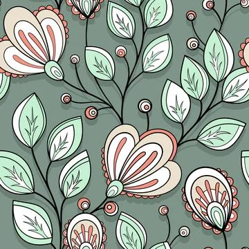 Seamless Pattern with Abstract Flowers and Leaves Stock Illustration