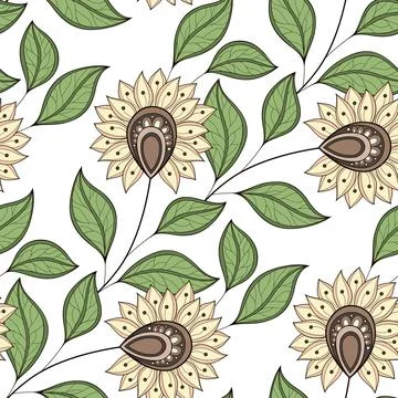 Seamless Pattern with Abstract Flowers and Leaves Stock Illustration