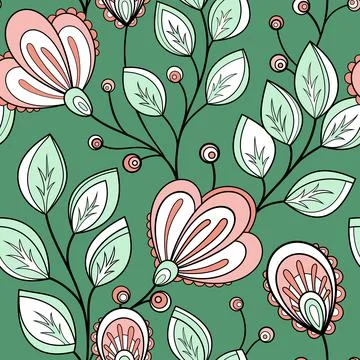 Seamless Pattern with Abstract Flowers and Leaves Illustrazione stock