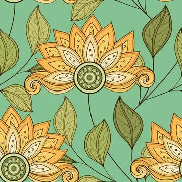 Seamless Pattern with Abstract Flowers and Leaves Stock Illustration