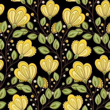 Seamless Pattern with Abstract Flowers and Leaves Stock Illustration