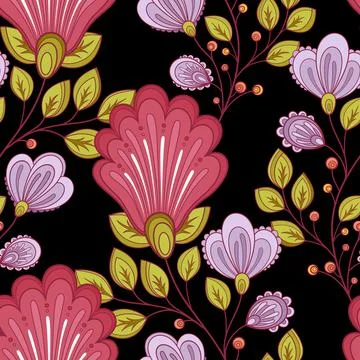 Seamless Pattern with Abstract Flowers and Leaves Stock Illustration
