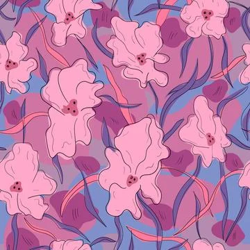 Seamless pattern with abstract flowers and leaves Stock Illustration