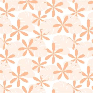 Seamless pattern of abstract flowers and monstera leaves in trendy monochrome Stock-Illustration