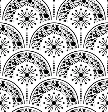 Seamless pattern with abstract flowers and polka dot arc on white background. 스톡 일러스트