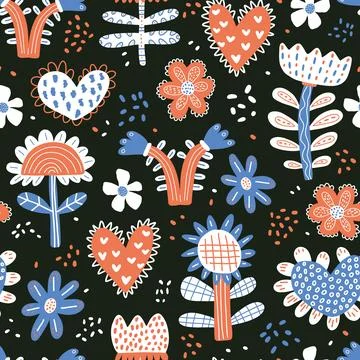 Seamless pattern with abstract flowers. Creative floral surface design. Vector Stock Illustration