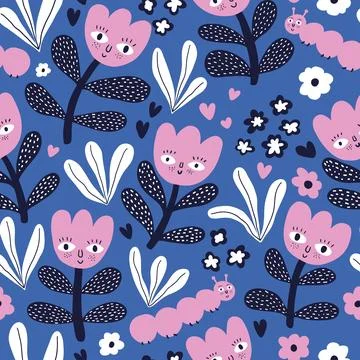 Seamless pattern with abstract flowers. Creative floral surface design. Vector Stock Illustration