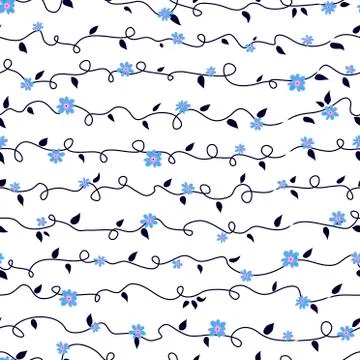 Seamless pattern with abstract flowers on curly stem. Hand drawn vector Stock Illustration